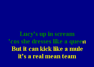 Lucy's up in scream

'cos she dresses like a queen
But it can kick like a mule
it's a real mean team