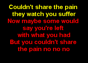 Couldn't share the pain
they watch you suffer
Now maybe some would
say you're left
with what you had
But you couldn't share
the pain no no no