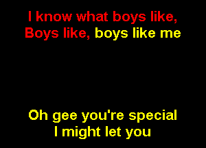 I know what boys like,
Boys like, boys like me

Oh gee you're special
I might let you