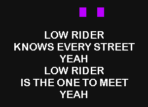 LOW RIDER
KNOWS EVERY STREET
YEAH
LOW RIDER
IS THE ONE TO MEET
YEAH