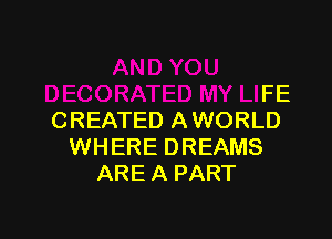 I'ED MY LIFE

CREATED AWORLD
WHERE DREAMS
ARE A PART