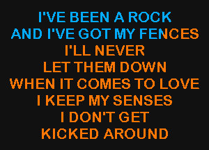 I'VE BEEN A ROCK
AND I'VE GOT MY FENCES
I'LL NEVER
LET THEM DOWN
WHEN IT COMES TO LOVE
I KEEP MY SENSES
I DON'TGET
KICKED AROUND