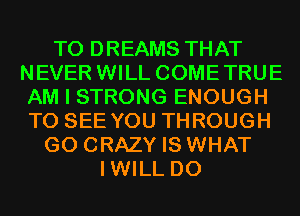 T0 DREAMS THAT
NEVER WILL COMETRUE
AM I STRONG ENOUGH
TO SEE YOU THROUGH

G0 CRAZY IS WHAT
IWILL D0