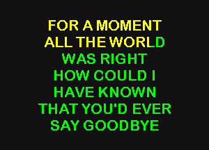 FOR A MOMENT
ALL THEWORLD
WAS RIGHT
HOW COULD I
HAVE KNOWN
THAT YOU'D EVER

SAY GOODBYE l