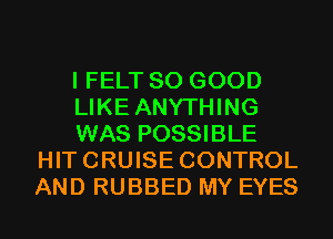 I FELT SO GOOD

LIKE ANYTHING

WAS POSSIBLE
HITCRUISE CONTROL
AND RUBBED MY EYES