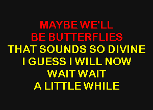 THAT SOUNDS SO DIVINE

I GUESS I WILL NOW
WAIT WAIT
A LITTLE WHILE