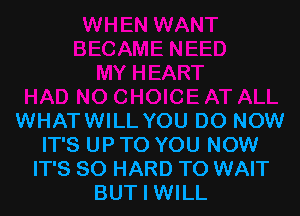 WHATWILL YOU DO NOW
IT'S UP TO YOU NOW
IT'S SO HARD TO WAIT
BUT I WILL