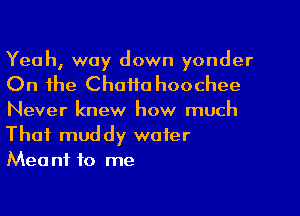 Yeah, way down yonder
On the Chafta hoochee
Never knew how much
That muddy wafer
Meant to me