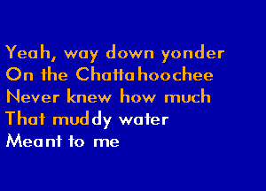 Yeah, way down yonder
On the Chafta hoochee
Never knew how much
That muddy wafer
Meant to me