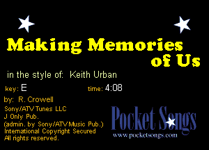 I? 451

Making Memories
0E Us

m the style of Keith Urban

key E 1m dCB

by, R Crowen

SonylATVTunes LLC
J Only Pub,

(admin. by SonylANMJSIc Pub )
Imemational Copynght Secumd
M rights resentedv