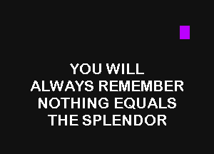 YOU WILL

ALWAYS REMEMBER
NOTHING EQUALS
THE SPLENDOR