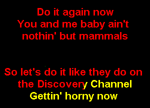 Do it again now
You and me baby ain't
nothin' but mammals

So let's do it like they do on
the Discovery Channel
Gettin' horny now