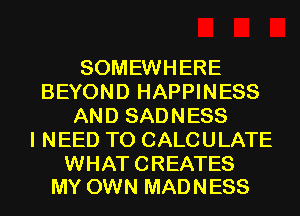 SOMEWHERE
BEYOND HAPPINESS
AND SADNESS
I NEED TO CALCULATE

WHAT CREATES
MY OWN MAD N ESS