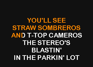 YOU'LL SEE
STRAW SOMBREROS
AND T-TOP CAMEROS

THE STEREO'S
BLASTIN'
IN THE PARKIN' LOT