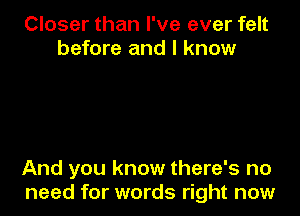 Closer than I've ever felt
before and I know

And you know there's no
need for words right now