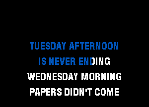 TUESDAY AFTERNOON
IS NEVER ENDING
WEDNESDAY MORNING

PAPERS DIDN'T COME l