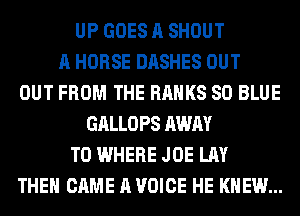 UP GOES A SHOUT
A HORSE DASHES OUT
OUT FROM THE BANKS 80 BLUE
GALLOPS AWAY
T0 WHERE JOE LAY
THE GAME A VOICE HE KNEW...