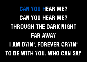 CAN YOU HEAR ME?

CAN YOU HEAR ME?
THROUGH THE DARK NIGHT
FAR AWAY
I AM DYIH', FOREVER CRYIH'
TO BE WITH YOU, WHO CAN SAY