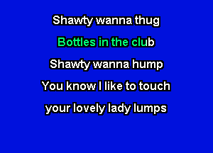 Shawty wanna thug
Bottles in the club

Shawty wanna hump

You know I like to touch

your lovely lady lumps