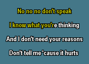 No no no don't speak
I know what you're thinking
And I don't need your reasons

Don't tell me 'cause it hurts