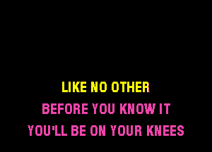 LIKE NO OTHER
BEFORE YOU KNOW IT
YOU'LL BE ON YOUR KHEES