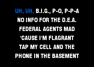 UH, UH, B.I.G., P-O, P-P-A
H0 INFO FOR THE D.E.A.
FEDERAL AGENTS MAD
'GAUSE I'M FLAGMHT
TAP MY CELL AND THE

PHONE IN THE BASEMENT l