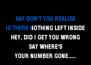 SAY DON'T YOU REALISE
IS THERE NOTHING LEFT INSIDE
HEY, DID I GET YOU WRONG
SAY WHERE'S
YOUR NUMBER GONE .....