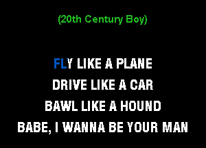 (20th Century Boy)

FLY LIKE A PLANE
DRIVE LIKE A CAR
BAWL LIKE A HOUHD
BABE, I WANNA BE YOUR MAN