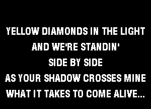 YELLOW DIAMONDS IN THE LIGHT
AND WE'RE STANDIH'
SIDE BY SIDE
AS YOUR SHADOW CROSSES MINE
WHAT IT TAKES TO COME ALIVE...