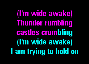 (I'm wide awake)
Thunder rumbling
castles crumbling
(I'm wide awake)

I am trying to hold on I