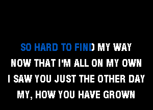 SO HARD TO FIND MY WAY
HOW THAT I'M ALL ON MY OWN
I SAW YOU JUST THE OTHER DAY
MY, HOW YOU HAVE GROWN