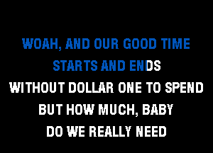 WOAH, AND OUR GOOD TIME
STARTS AND ENDS
WITHOUT DOLLAR ONE TO SPEND
BUT HOW MUCH, BABY
DO WE REALLY NEED