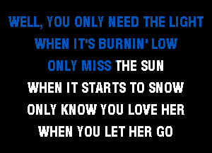 WELL, YOU ONLY NEED THE LIGHT
WHEN IT'S BURHIH' LOW
ONLY MISS THE SUN
WHEN IT STARTS TO SHOW
ONLY KNOW YOU LOVE HER
WHEN YOU LET HER GO