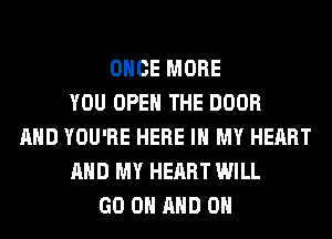 ONCE MORE
YOU OPEN THE DOOR
AND YOU'RE HERE IN MY HEART
AND MY HEART WILL
GO ON AND ON