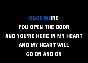 ONCE MORE
YOU OPEN THE DOOR
AND YOU'RE HERE IN MY HEART
AND MY HEART WILL
GO ON AND ON