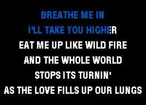BREATHE ME IN
I'LL TAKE YOU HIGHER
EAT ME UP LIKE WILD FIRE
AND THE WHOLE WORLD
STOPS ITS TURHIH'
AS THE LOVE FILLS UP OUR LUNGS
