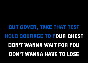 CUT COVER, TAKE THAT TEST
HOLD COURAGE TO YOUR CHEST
DON'T WANNA WAIT FOR YOU
DON'T WANNA HAVE TO LOSE