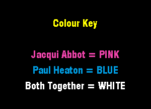 Colour Key

Jacqui Abbot z PINK

Paul Heaton BLUE
Both Together z WHITE