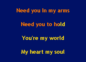 Need you In my arms

Need you to hold
You're my world

My heart my soul