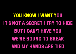 YOU KNOW I WANT YOU
IT'S NOT A SECRET I TRY TO HIDE
BUT I CAN'T HAVE YOU
WE'RE BOUND T0 BREAK
AND MY HANDS ARE TIED