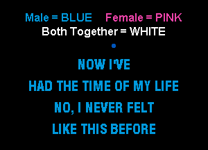 Male BLUE Female PINK
Both Together WHITE

NOW I'VE
HAD THE TIME OF MY LIFE
NO, I NEVER FELT
LIKE THIS BEFORE