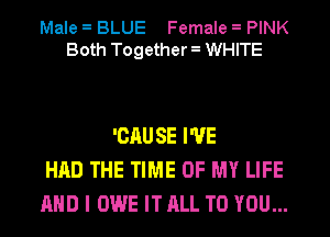 Male BLUE Female PINK
Both Together WHITE

'OAUSE I'VE
HAD THE TIME OF MY LIFE
AND I OWE IT ALL TO YOU...