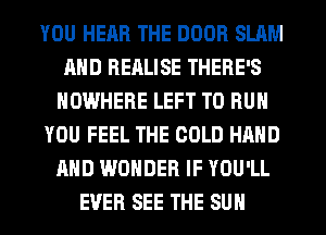 YOU HEM! THE DOOR SLAM
AND REALISE THERE'S
NOWHERE LEFT TO RUN
YOU FEEL THE COLD HAND
AND WONDER IF YOU'LL
EVER SEE THE SUN