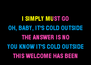 I SIMPLY MUST GO
0H, BABY, IT'S COLD OUTSIDE
THE ANSWER IS NO
YOU KNOW IT'S COLD OUTSIDE
THIS WELCOME HAS BEEN