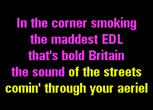 In the corner smoking
the maddest EDL
that's hold Britain

the sound of the streets
comin' through your aeriel
