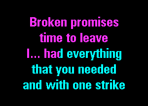 Broken promises
time to leave

I... had everything
that you needed
and with one strike