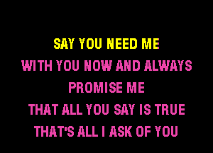 SAY YOU NEED ME
WITH YOU NOW AND ALWAYS
PROMISE ME
THAT ALL YOU SAY IS TRUE
THAT'S ALL I ASK OF YOU