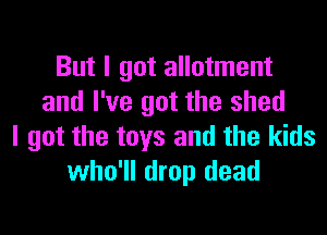But I got allotment
and I've got the shed

I got the toys and the kids
who'll drop dead
