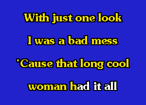 With just one look
I was a bad mess

'Cause that long cool

woman had it all I