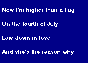 Now I'm higher than a flag
0n the fourth of July

Low down in love

And she's the reason why
